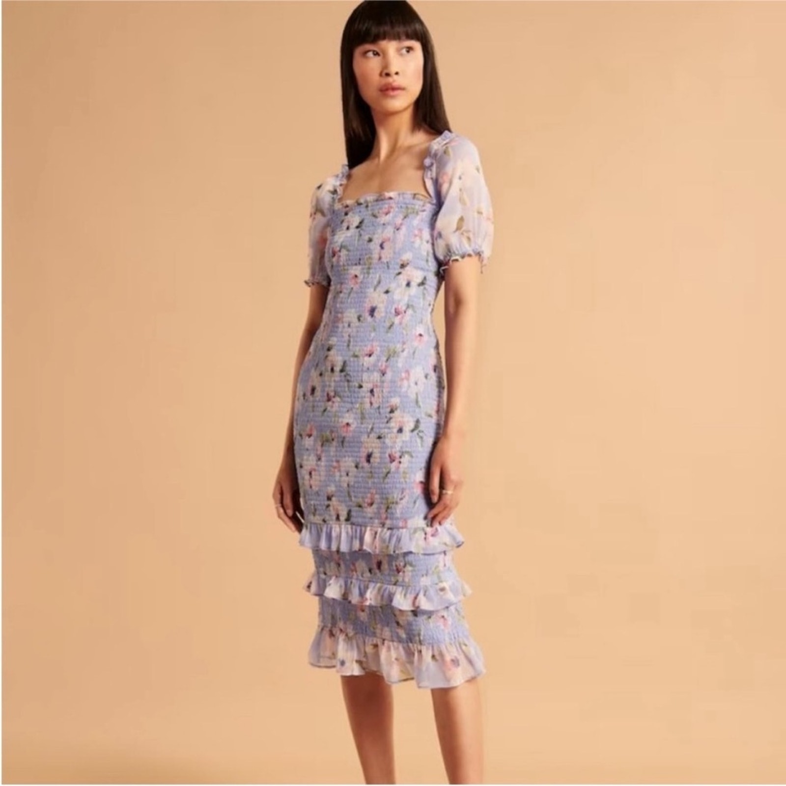 Abercrombie & Fitch Soft Blue Floral Smocked Bodycon Midi Dress Puff Sleeve Xlt